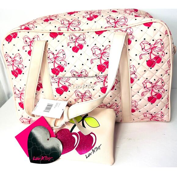 Betsey Johnson Quilted Cherry Bow Travel Weekender Duffel Bag & Pouch NWT - Picture 2 of 5